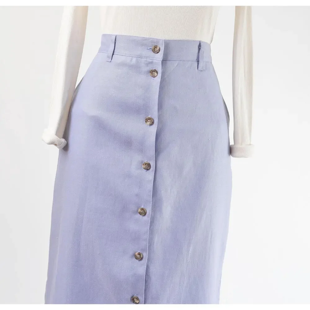Vintage 90s Purple Linen High Waisted Button Front Maxi Skirt with Pockets 32 L - Picture 3 of 9